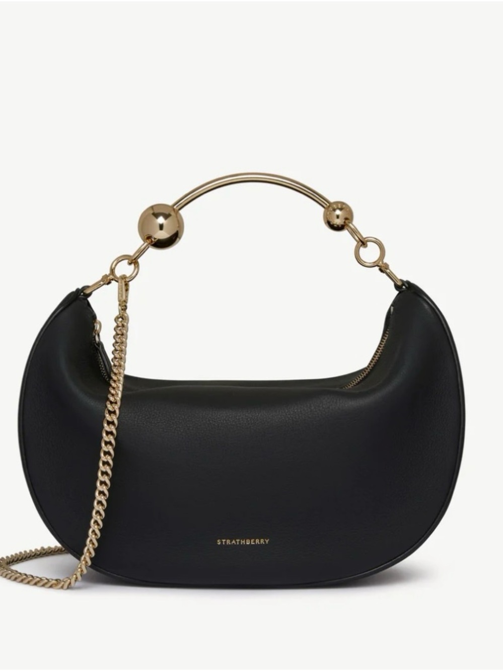 Strathberry Black Leather Crescent Bag with Gold Top Handle and Chain